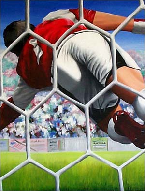 A detail from Soccer Goalie, part of the Aussie Bums series